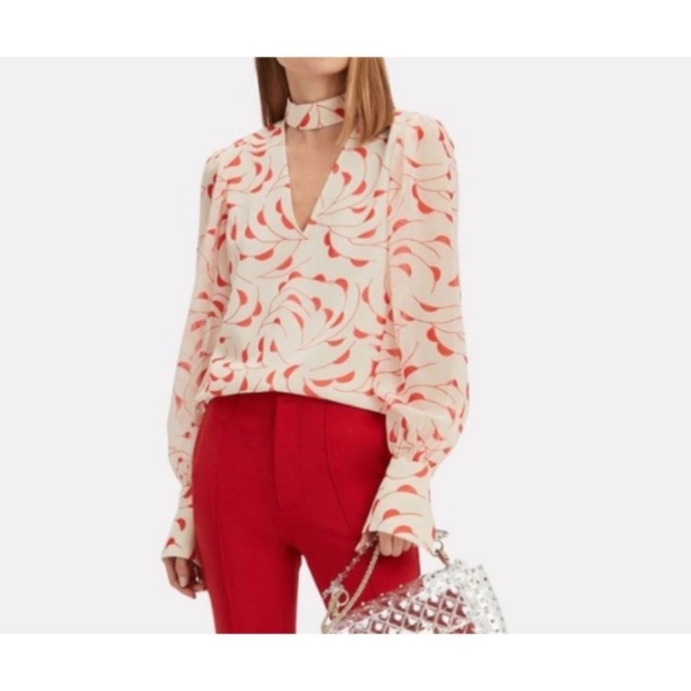 Self Portrait High Neck Printed Blouse Choker Detail Red/Ecru Size UK6/US 2